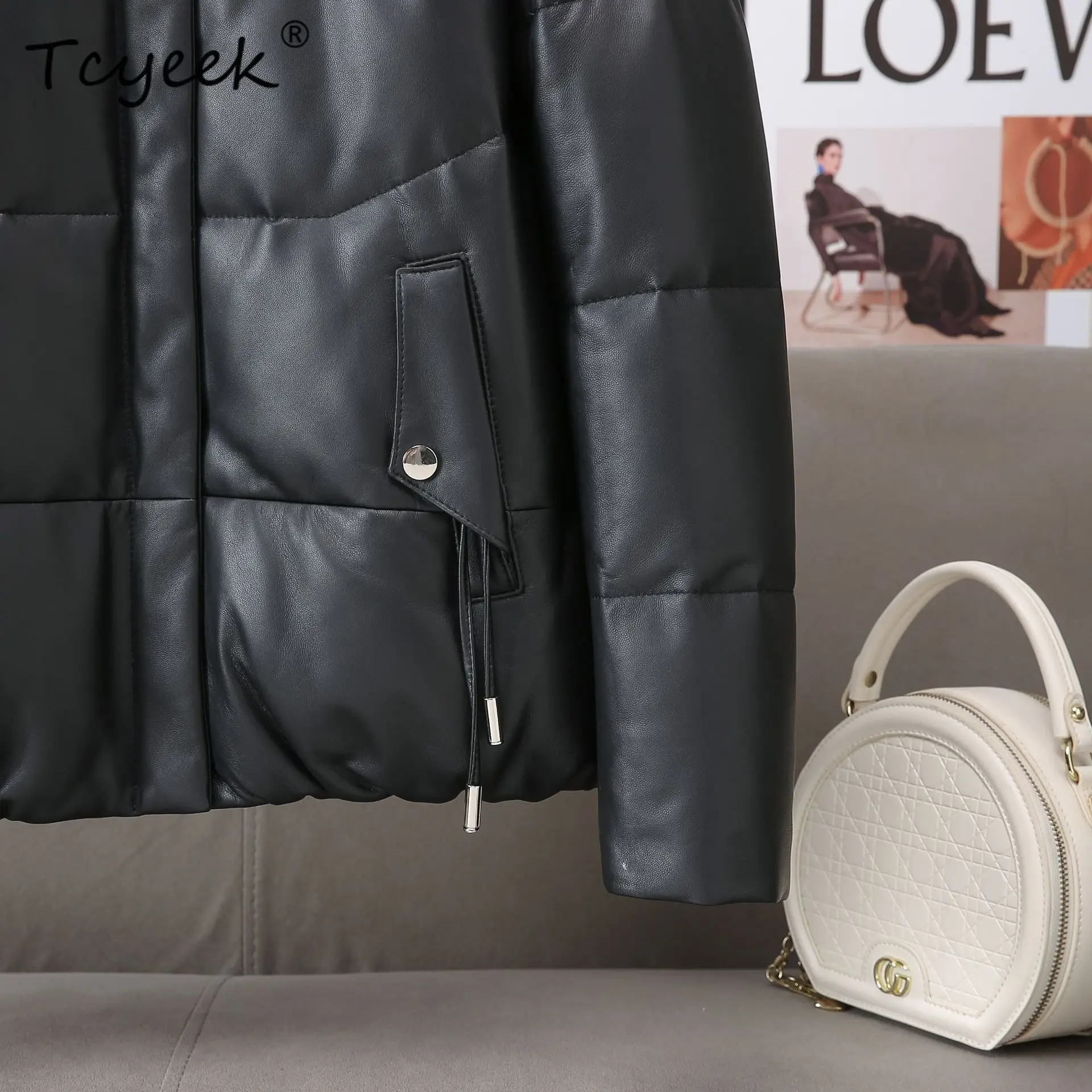 Tcyeek جلد طبيعي أسفل سترة النساء الملابس الشتوية معطف جلد الغنم الحقيقي امرأة أوزة أسفل معاطف الثعلب الفراء طوق جديد في معاطف