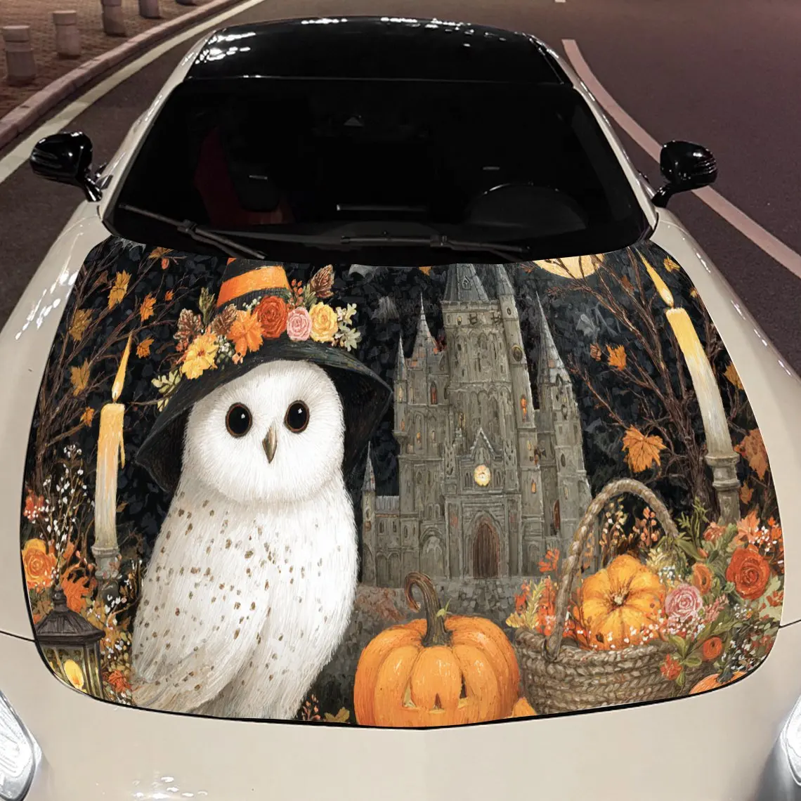 

Наклейка на капот автомобиля с тыквой и очаровательной совой на Хэллоуин, автоматические виниловые обертывания, водонепроницаемая самоклеящаяся наклейка на автомобиль, прочная и т. д.