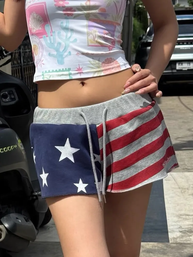 American Casual Star Color Blocked Print Design Straight LegThree Part Pants Fashionable Spicy Girl Slim Classic Versatile Short
