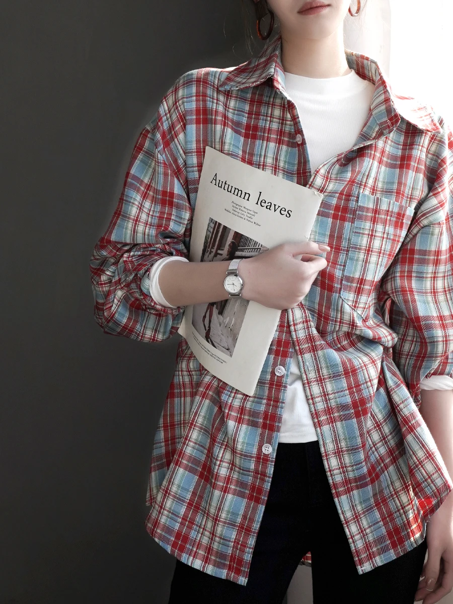 

Warmo Retro Color Block Plaid Spring 2026 Loose Long Sleeve Women's Shirt Lazy Layering Open Cardigan Style Breathable Skin-F...