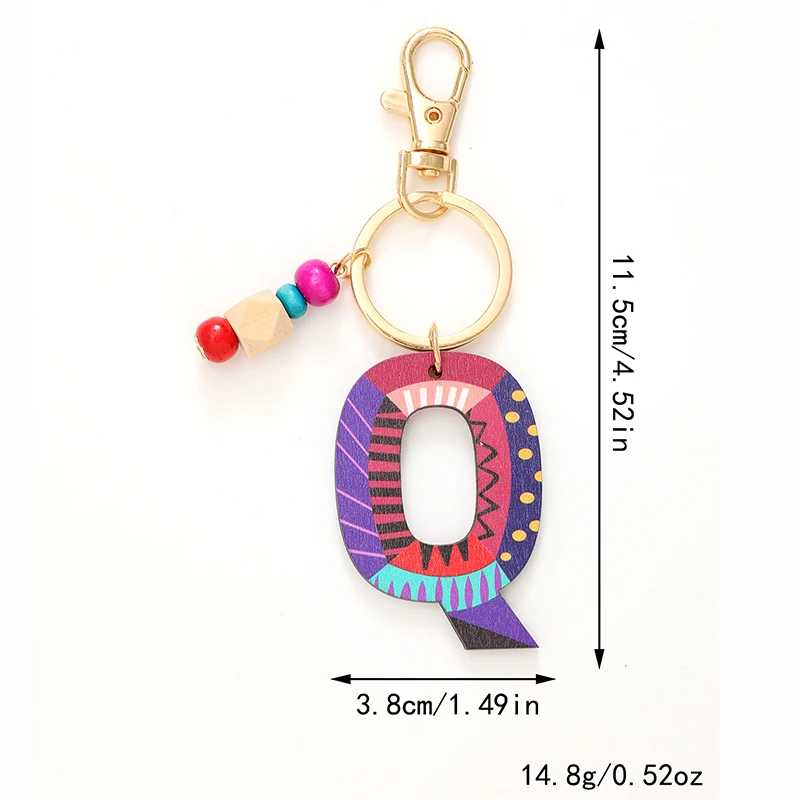 A-Z 26 Letters Wooden Trinket Key Chains Bohemian Geometric Totem Bead Pendant Keychain Jewelry Gifts to Family Couple Friends