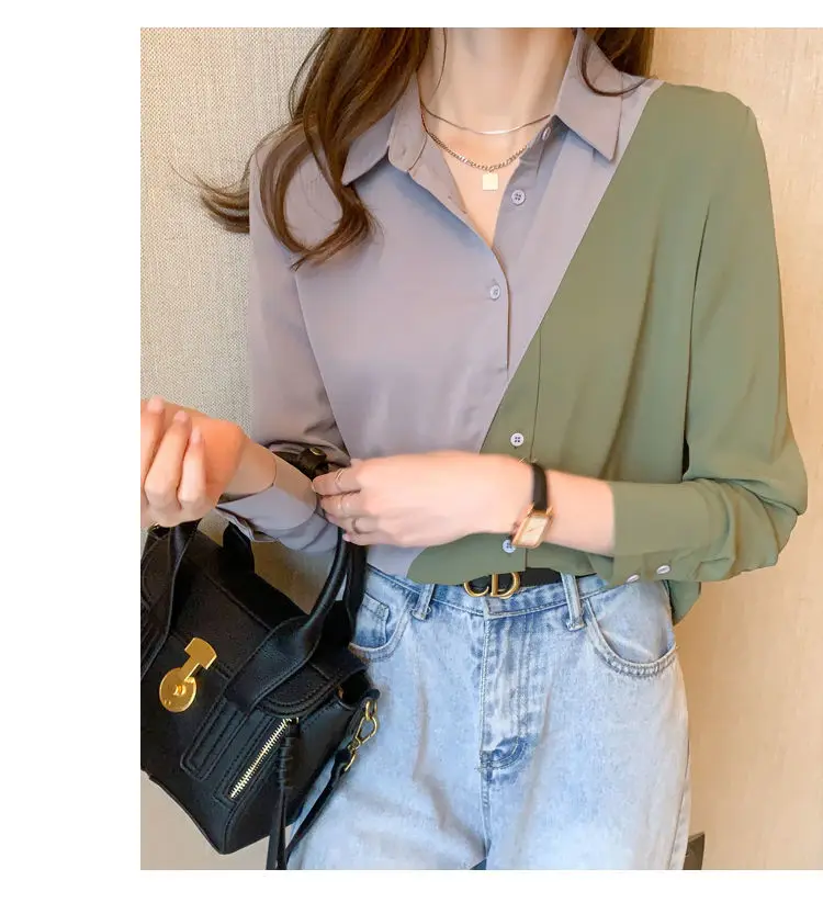 Color Blocking Patchwork Chiffon Shirt for Women\'s Spring Autumn Season Korean Fashion Versatile Loose Slim Long Sleeve Shirt