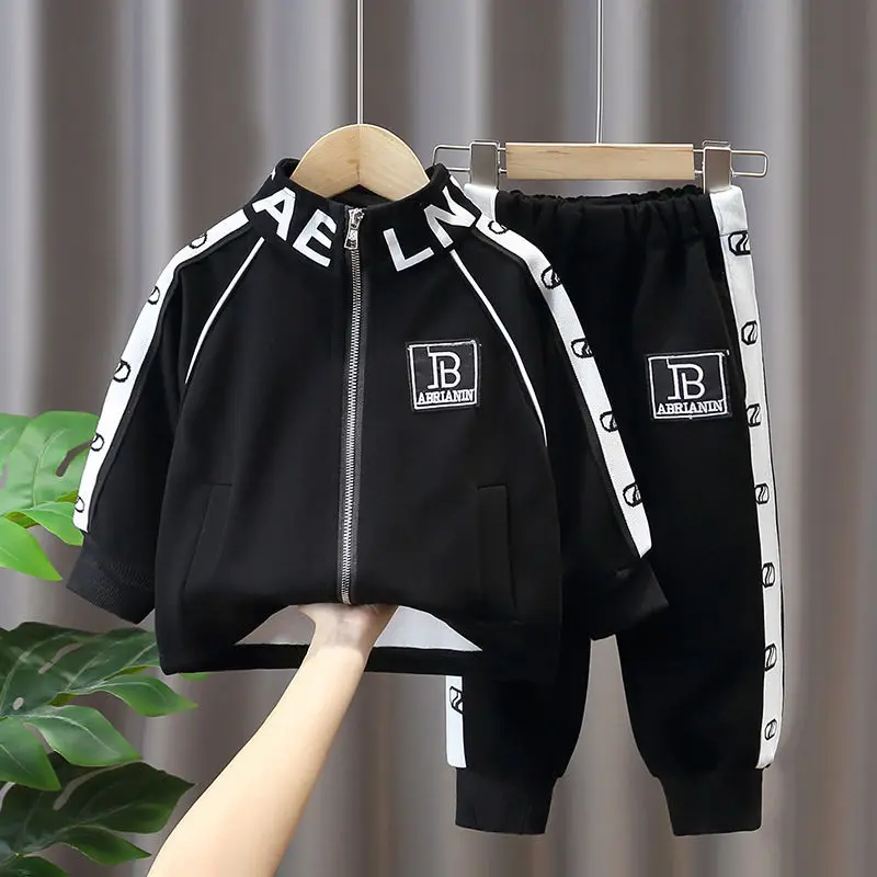 School Kids Tracksuit Jogger Set Full Zip Alphabet Prints Baby Boys Drawstring Sweatshirt + Sweatpant Set Children Outfit 1-11Yr