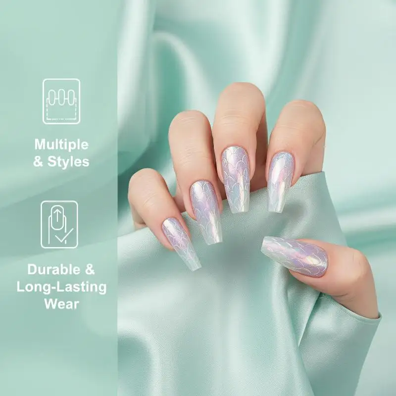 240Pcs 3D Fish Scales Shells Gel X Nail Tips Soft Short Almond Fake Nails for Party Daily Wear Nail Art