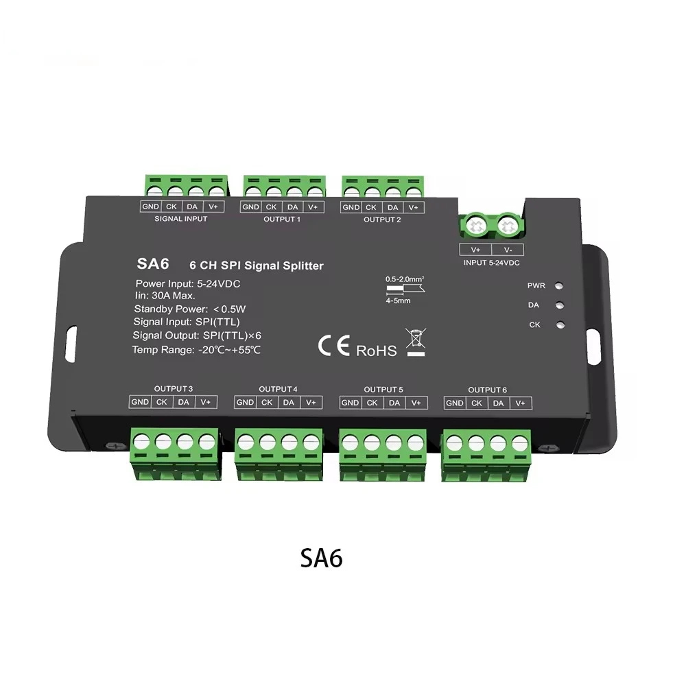 NEW SA6 6 Way SPI Signal Splitter 6CH TLL Amplifier Repeater For WS2811 WS2812 2813 2815 RGB RGBW Addressable LED Strip 5-24VDC