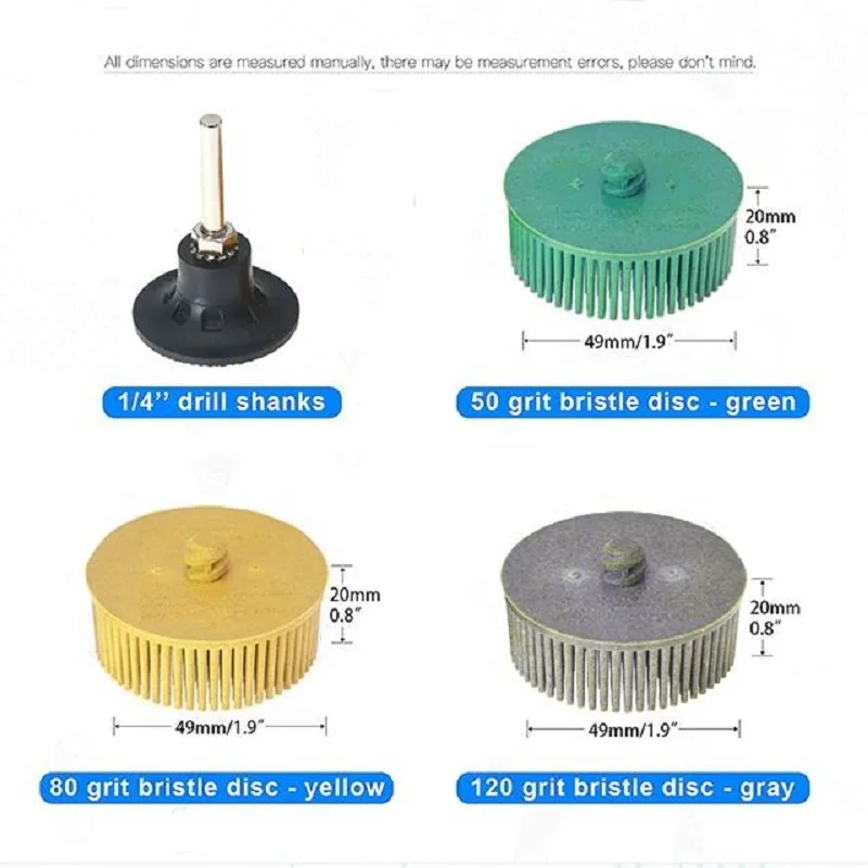 Disco de cerdas de 2 pulgadas y 50MM, 4 Uds., disco de cerdas de eliminación de revestimiento abrasivo con vástago de 1/4 pulgadas para mezclar, acabado, limpieza y oxidación
