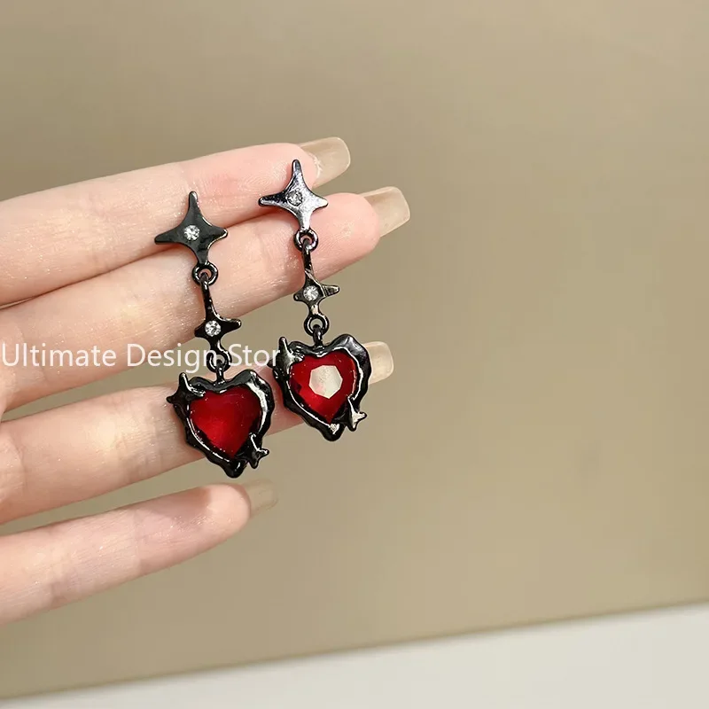 Y2K Goth Heart Cross Star Pendant Earrings for Women Red Zircon Love Earring Gothic Irregular Tassel Stud Earrings Halloween