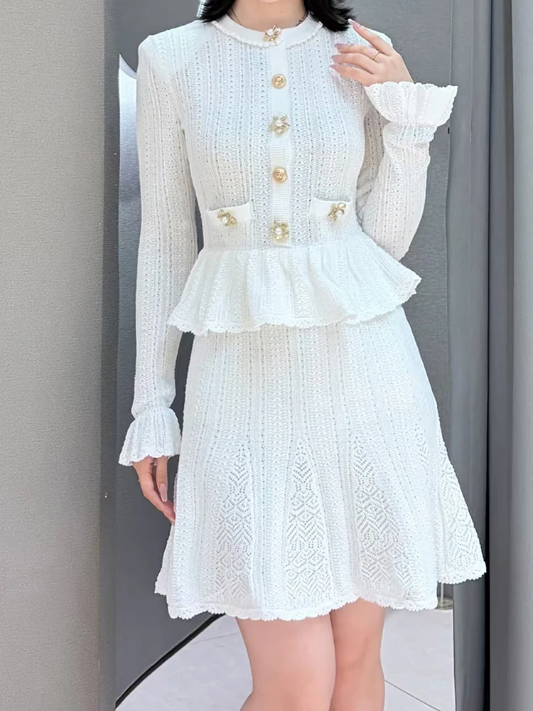 French style small floral hemmed ruffled sleeve mock two-piece knitted dress for women, 2026 autumn new design