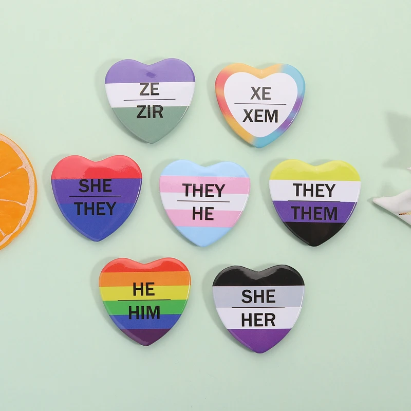 LGBT Rainbow Flag Tinplate Pin Button Gay They Them He Him She Her Pronoun Collection Brooch Badge Jewelry Gift for Friends ﻿