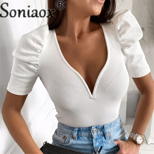 Imagen 2 del producto Blusa de manga corta para mujer, camisa de Color sólido con cuello en V profundo, estilo dulce, informal, Verano