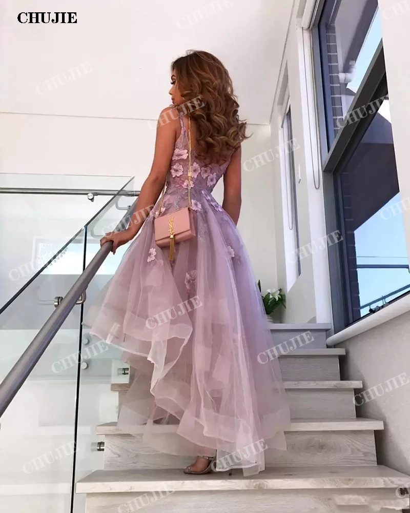 3D Flower Lavender Prom Dress Cocktail Dresses High Low V Neck Lace Applique Tulle Homecoming Gowns Vestido de graduación - view 3
