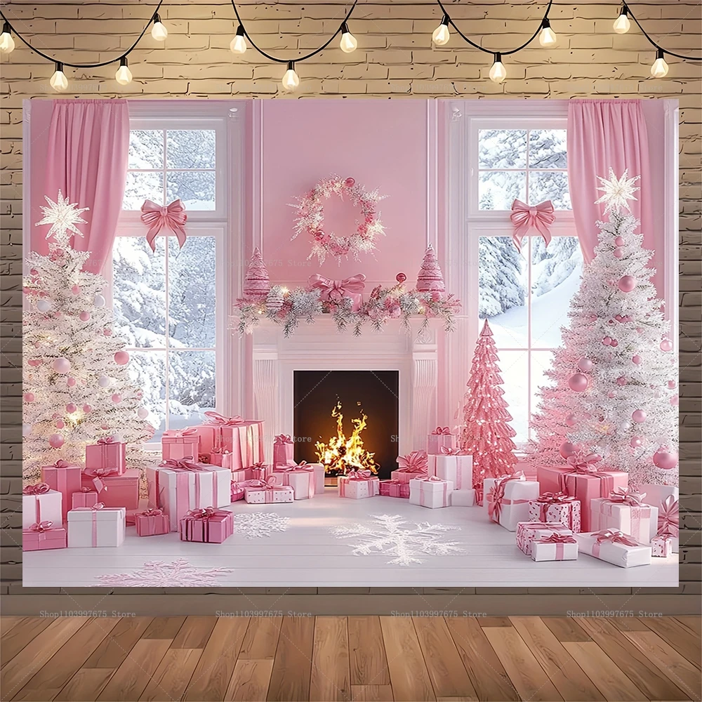 Pink Christmas Backdrop Xmas Tree Fireplace Gifts Box Photography Background Family Party Baby Shower Banner Decor Photo Studio