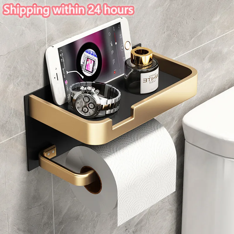 Black and Gold Bathroom Toilet Roll and Phone Holder with No Holes for Easy Installation of Stylish Bathroom Accessories