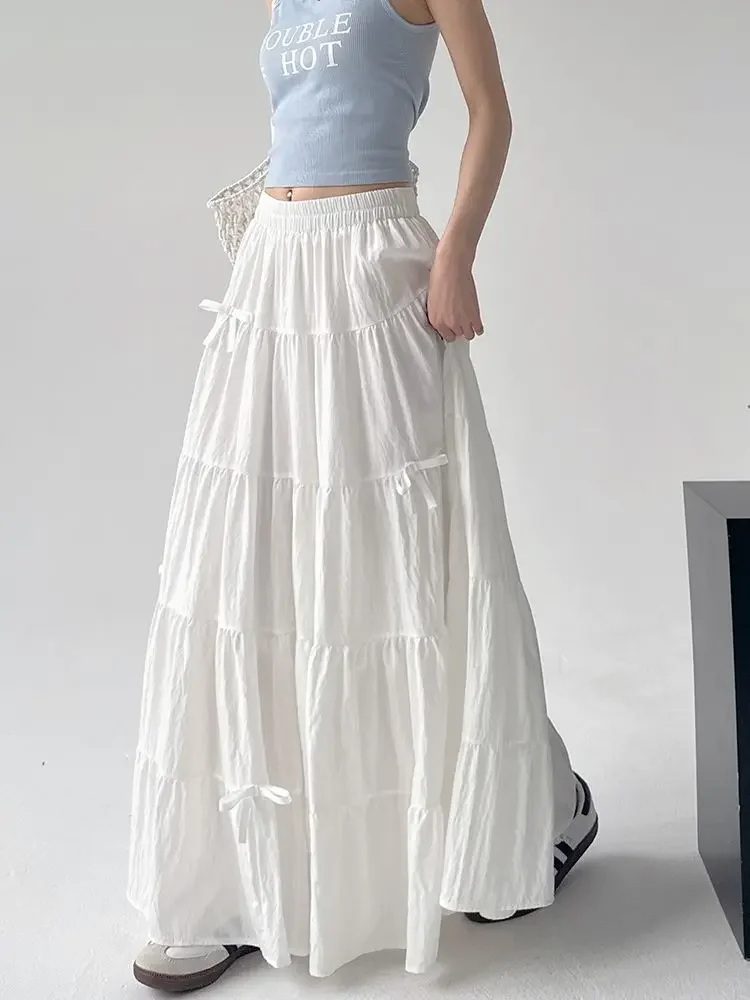 Wedbleser Half Length Skirt Women Summer 2025 High Elastic Waisted Retro Loose Bow Style Drape Mid Size A-line Skirts