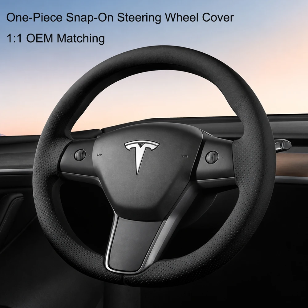 Snap-On Leather Steering Wheel Cover one-piece for Tesla Model 3 2017-2023 Model Y 2020-2023
