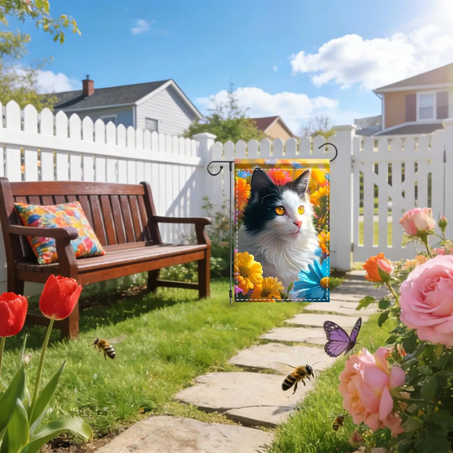 Garden Flag Banner Cat & Flower Design 12x18in Polyester Flags for Outside Garden Porch Yard MMZ