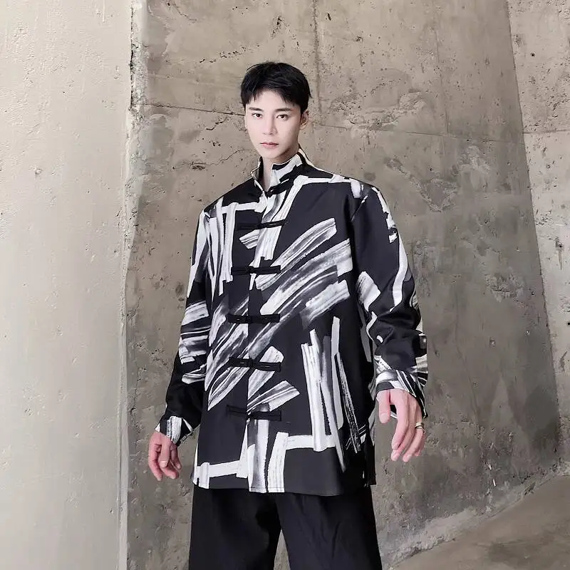 WTHT Trendy Men's Irregular Graffiti Contrast Color Shirts Fashion 2025 Autumn American Style Lapel Loose Tops Male 2A2090