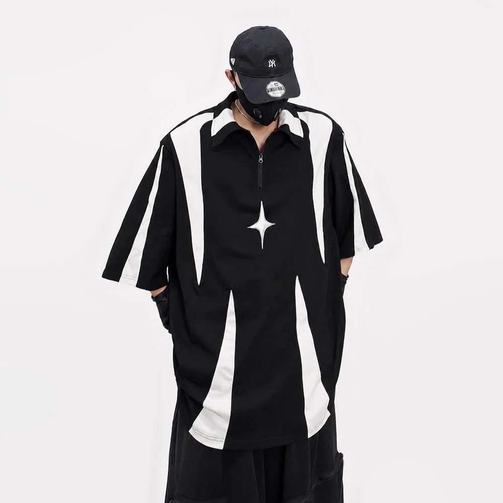 ARENS Hip Hop Metal Zipper Design Shoulder Pad T-shirt Vintage American Loose Pullover Oversized Short Sleeve Streetwear