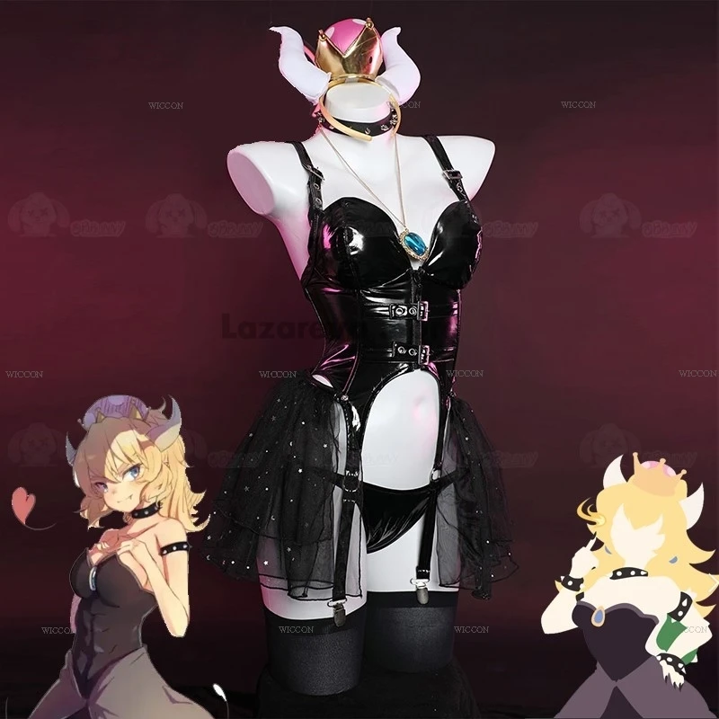 Women Princess Cosplay Pink Black Sexy Bowsette Peach Cosplay Costume Cute Party Halloween Sexy Pink Suit Anime Dress