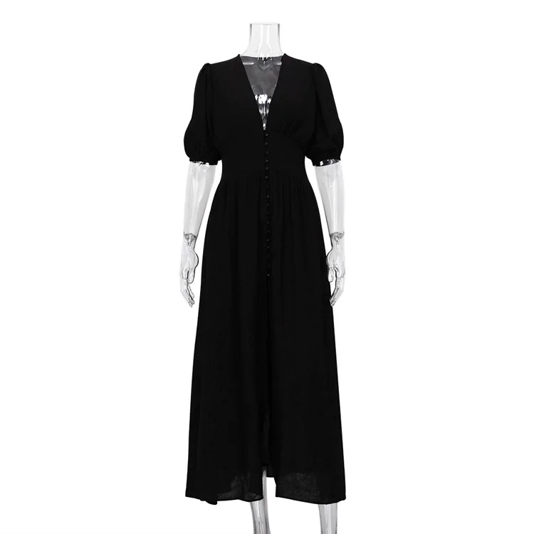 Women Solid Cotton Linen Dress Summer Vintage Elegant Short Sleeve V-Neck Button Maxi Dress for Women Harajuku Loose Long Dress