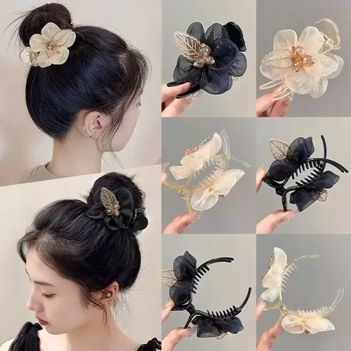 Imagen 1 del producto Clip de agarre de cola de caballo elegante negro, Clip de pelo de cola de caballo alta con flor de malla de cristal, accesorios para el cabello coreanos dulces y bonitos para mujeres y niñas 2025
