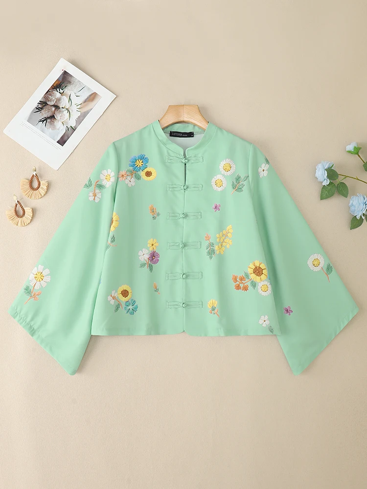 

ZANZEA Women's Vintage Loose Shirts Mandarin Collar Long Bell Sleeve Frog Buttons Floral Printing Tops 2025 Autumn Woman Clothes