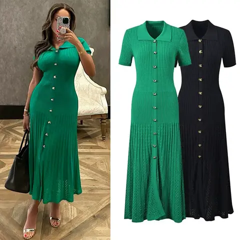 Dress Elegant Long YuooMuoo Brand Fashion Vintage Turn-down Collar Knit Maxi Dress Elegant Single-breasted A-line Long Shirt Dress Lady Vestidos