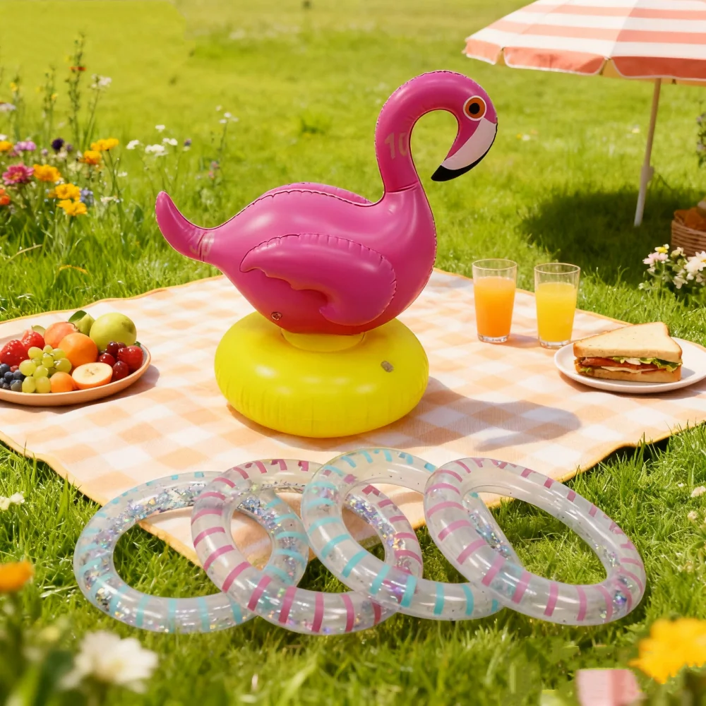 ชุดของเล่นเป่าลม PVC สำหรับเล่นกลางแจ้ง พร้อมห่วง 4 วง เกมโยนห่วงรูปนกฟลามิงโก สำหรับการแข่งขันกีฬา