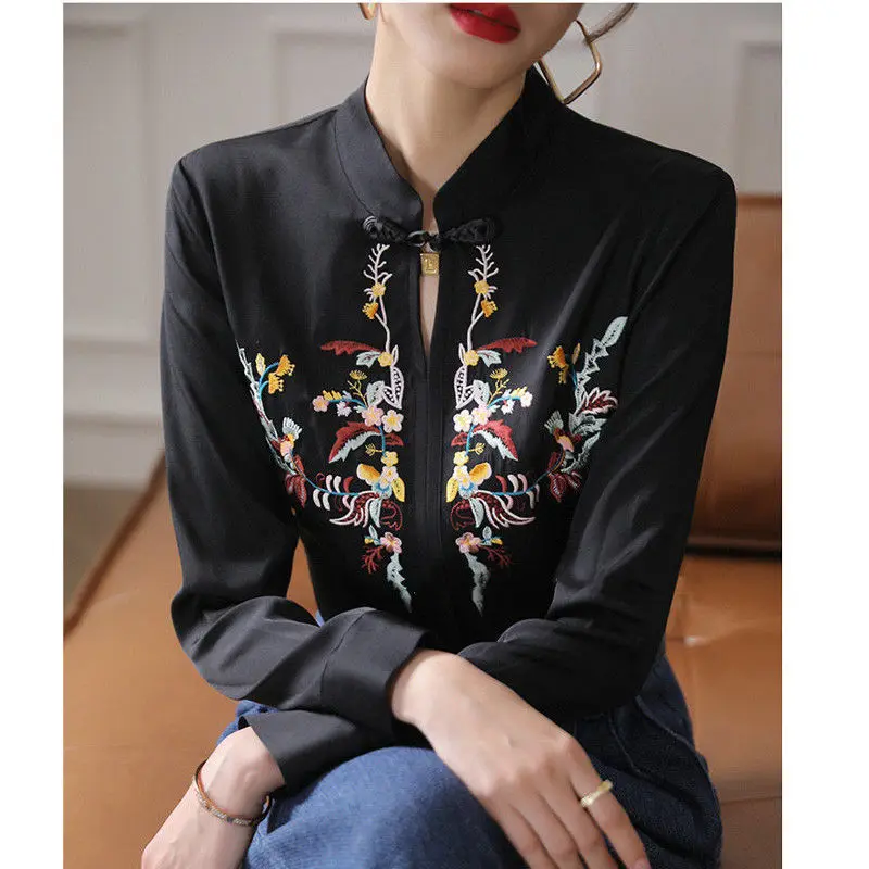 French Simulation Silk Shirt with a Female Design Sense Heavy Industry Embroidery Commuting Retro Chinese Style Button Tops