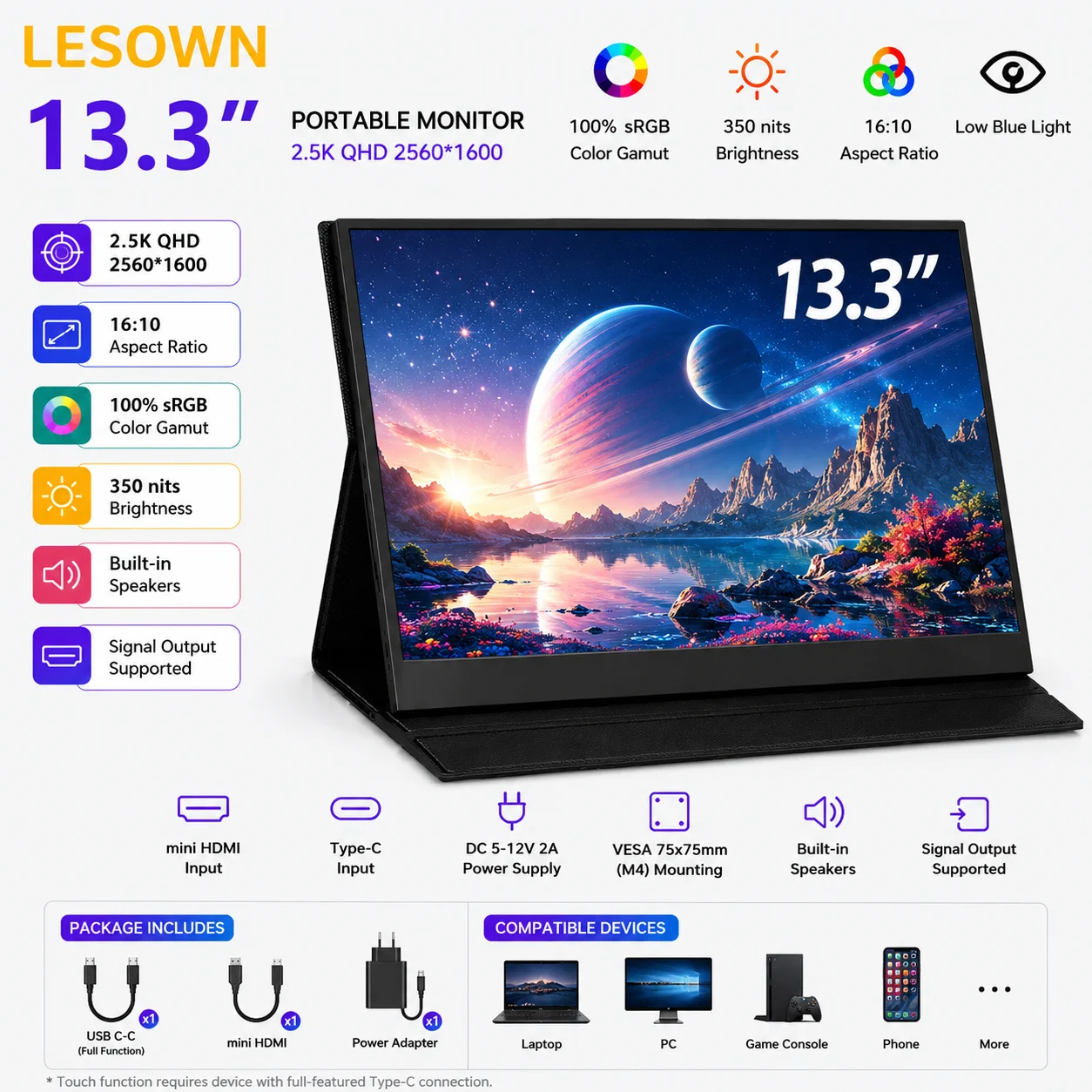 LESOWN 2560x1600 Mini PC External Monitor 13.3 Inch Aluminum Second Screen miniHDTV Type-C Desktop Display for ASUS Expert