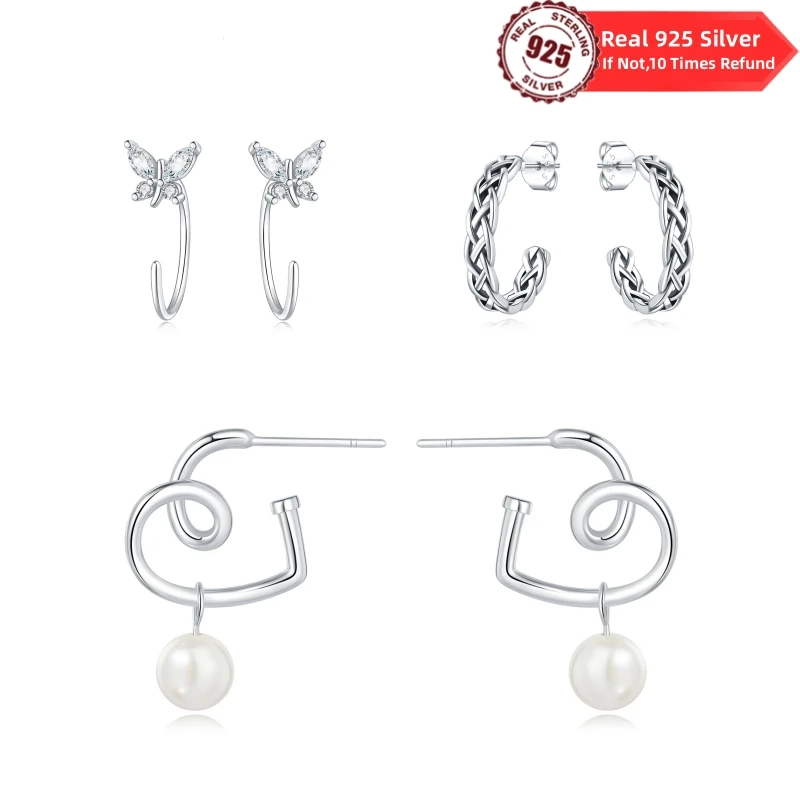 Authentic 925 Sterling Silver Earring Butterfly Sparkling Elevated Pearl Heart Love Heart Earring For Women Gift Diy Jewelry