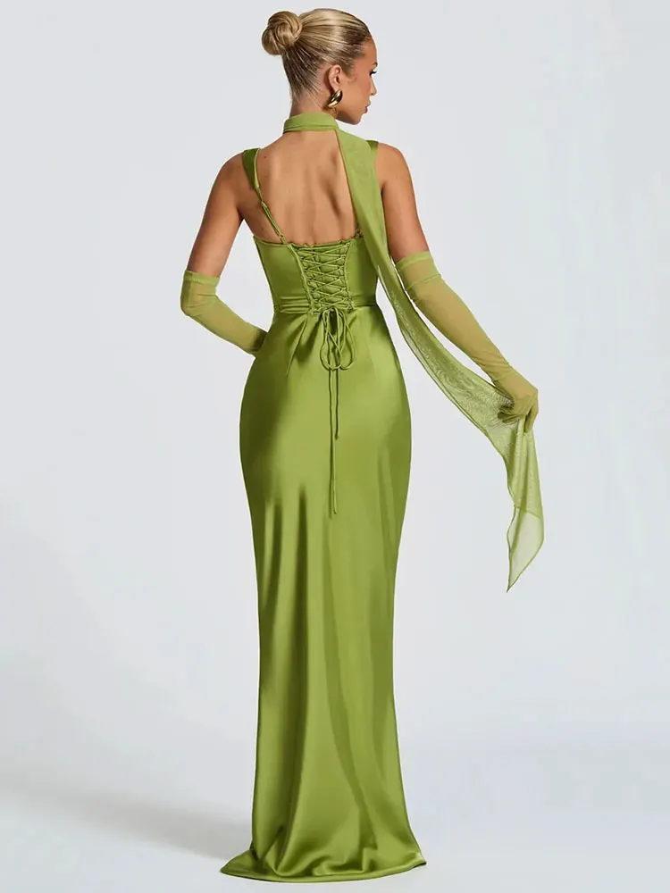 GACVGA Satin dos nu Sexy robe Maxi femmes élégant licou épaules dénudées sans manches dos à lacets moulante Club fête longues robes