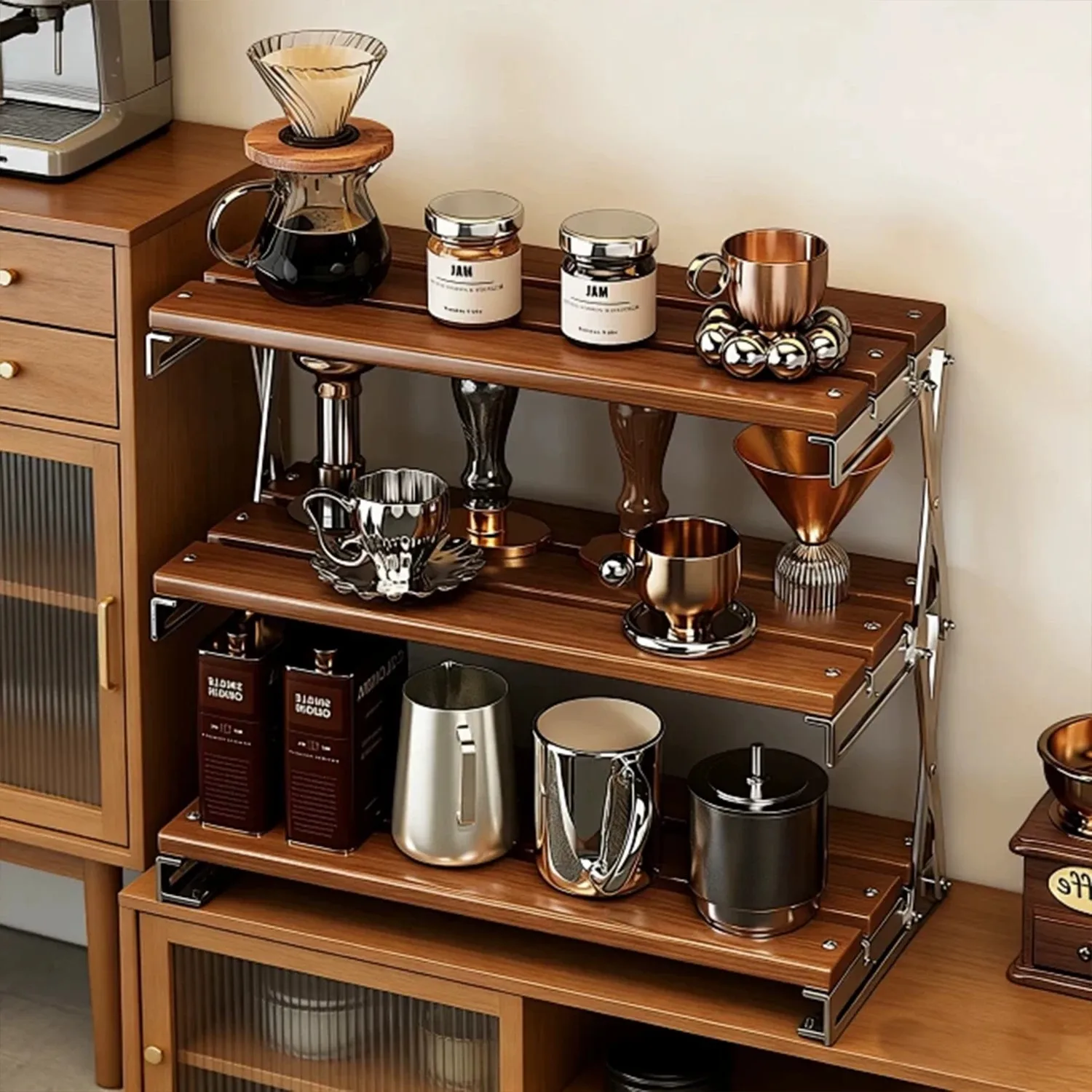 Solid wood tabletop rack Multi-layer storage rack Foldable coffee cup holder tea cup display shelf on dining table