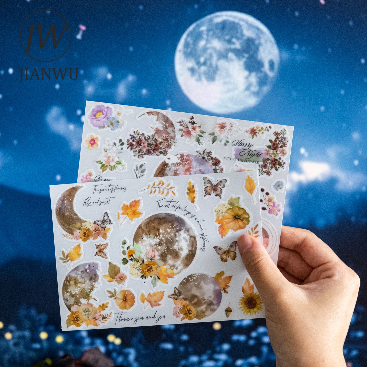 JIANWU The Moon Is Beautiful Tonight Series Vintage Flower Material Collage PVC Transfer Sticker Creative DIY Journal Stationery