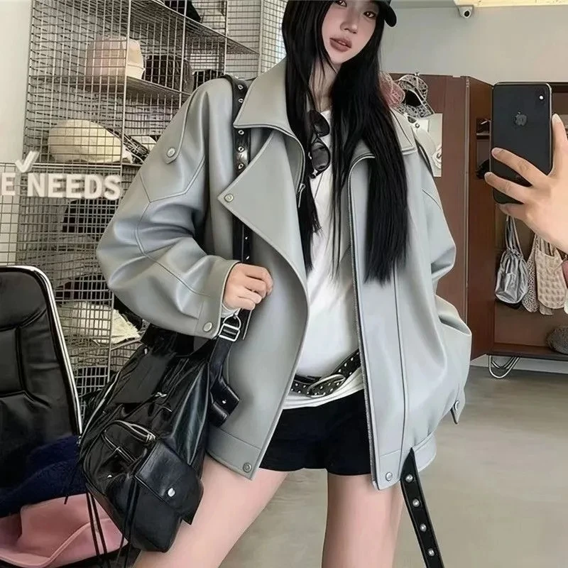 American Fashion Motorcycle leather Jacket For Women Spring Autumn New loose Versatile Retro Ieather Jacket Stylish Coats