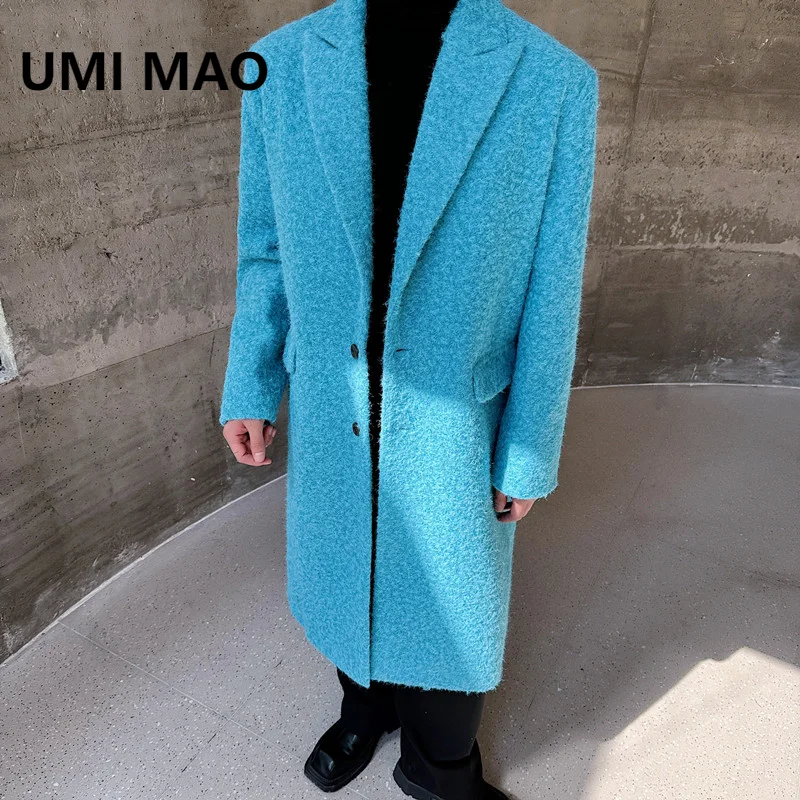 UMI MAO Dark Blue Wool Coat Winter Fashion Korean Handsome Long Over Knee Windbreaker Coat Female Overcoat Man Women