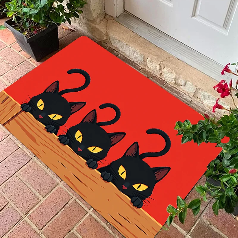 Funny Peeking Black Cat Doormat Red Background Print For Entryway Living Room And Pet Friendly Home Decor