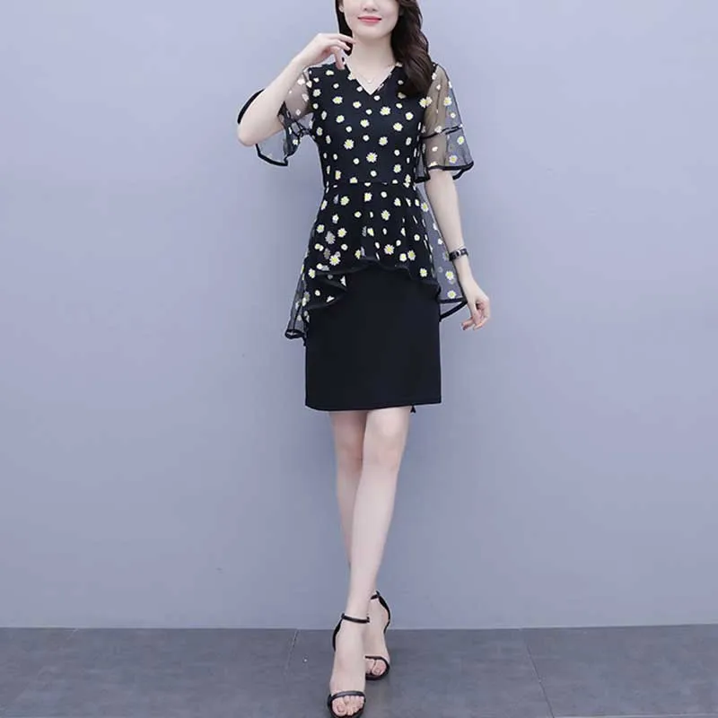 Elegant Printed Irregular Fake Two Pieces Flare Sleeve Floral Dress Women Clothing 2024 Summer New Loose Asymmetrical Mini Dress