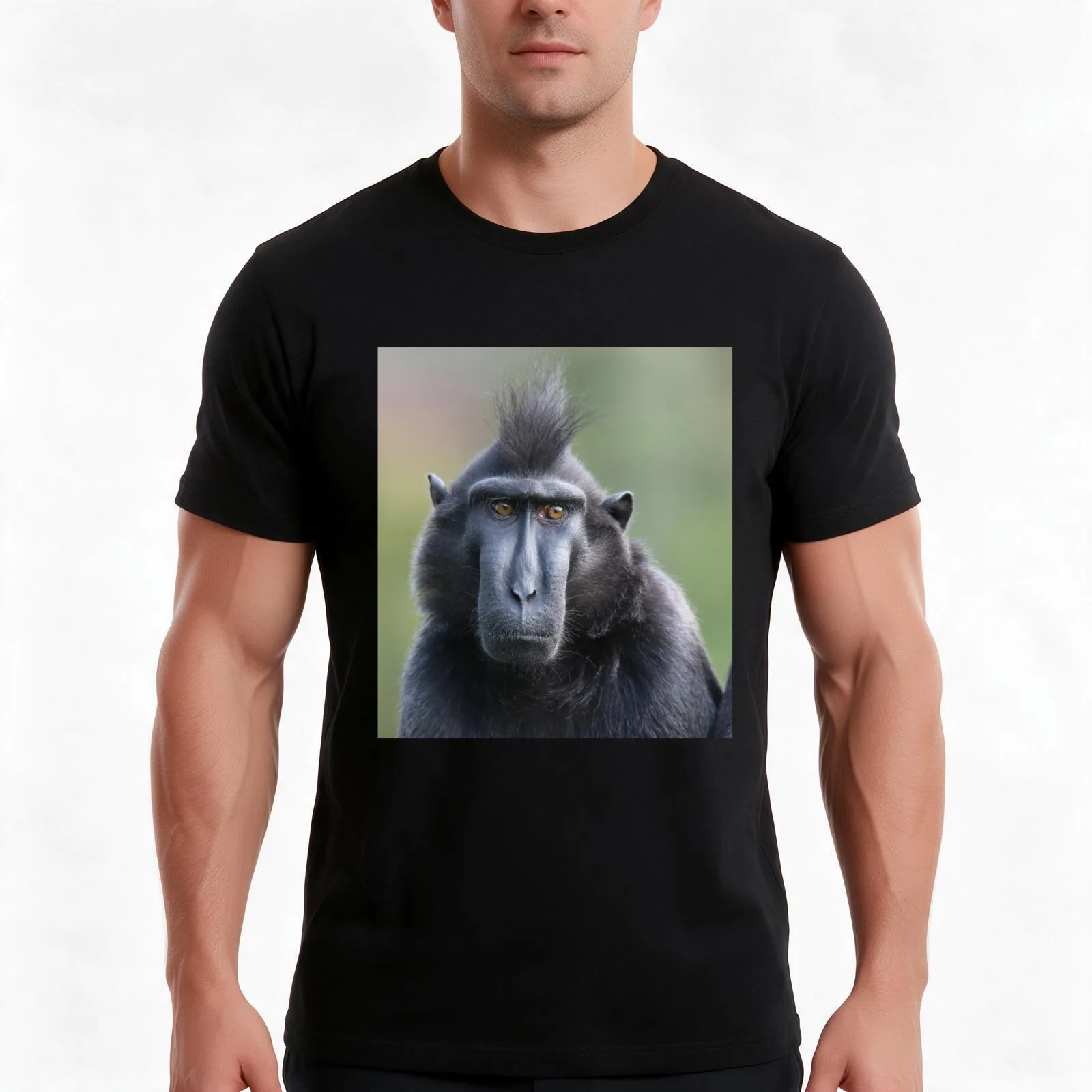 Sulawesi Crested Black Macaque T-Shirt, Summer Casual Cotton Tee, Oversized Streetwear Tops, Vintage Graphic Print, 100% Cotton