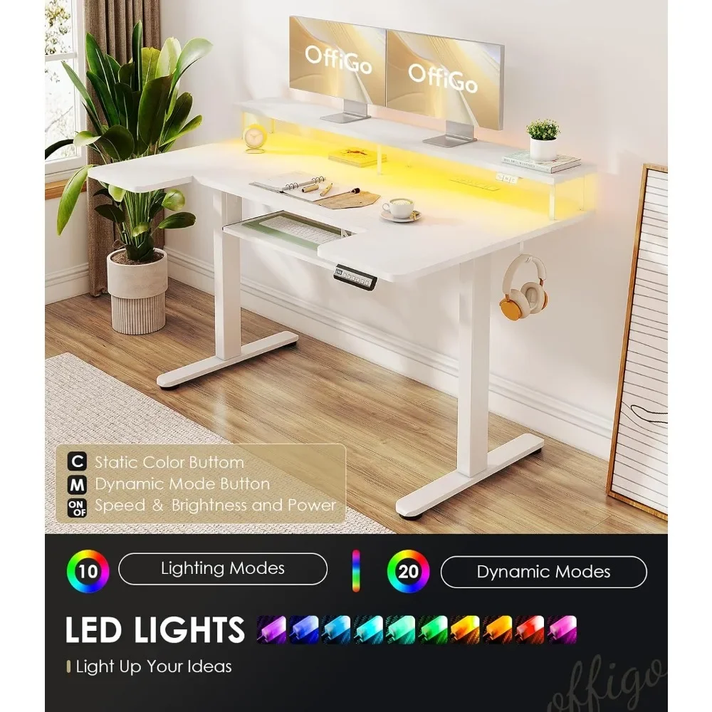 U Shaped Electric Standing Desk with Keyboard Tray, 55 Inch Height Adjustable Desk with Power Outlets & LED Lights, Customized