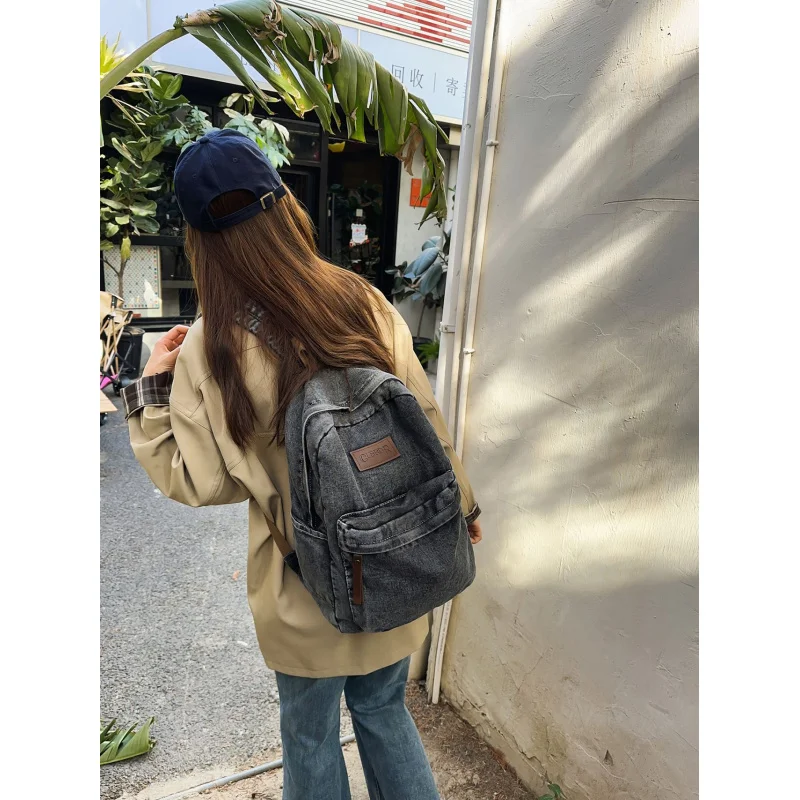 Vintage denim canvas backpack for men and women, suitable for couples, for school, travel, casual, lazy style, Japanese and Kore