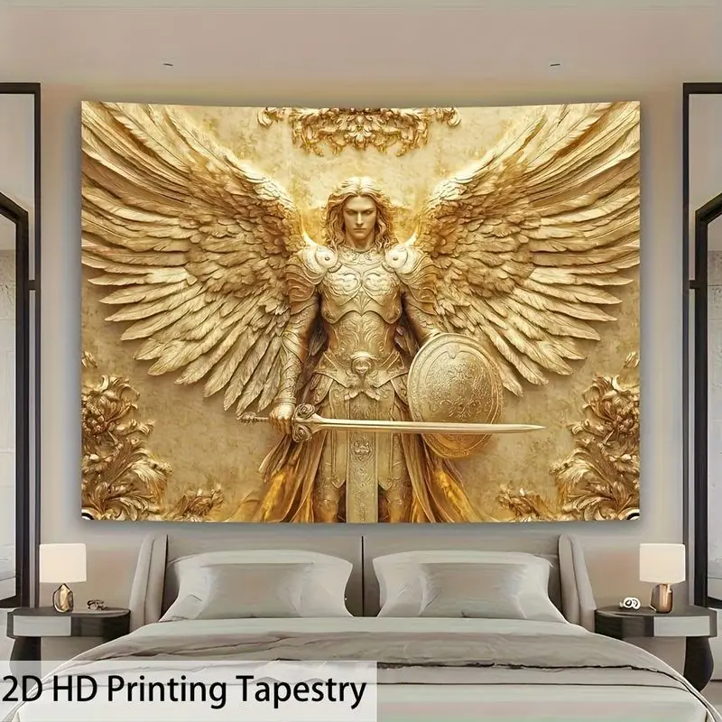VIKAMA Archangel Golden Wings Tapestry Holy Sword Guardian Statue Wall Hanging Religious Art for Bedroom Living Room Decor