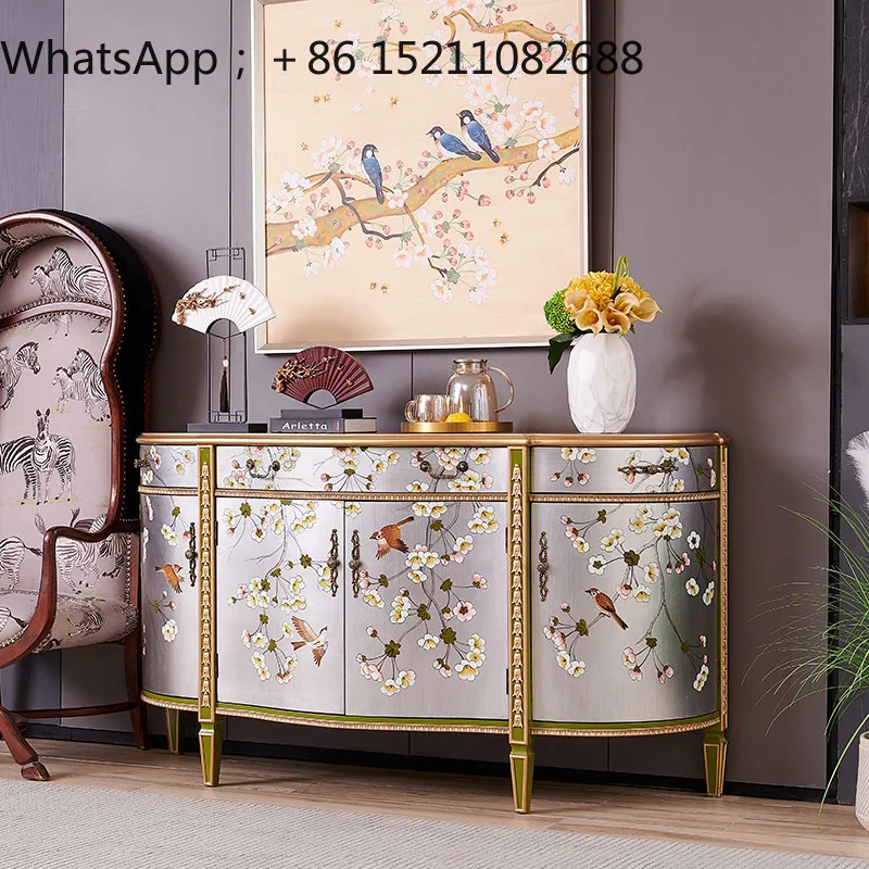 LLY painted flower and bird silver home solid wood semicircular villa new Chinese entrance decorative cabinet