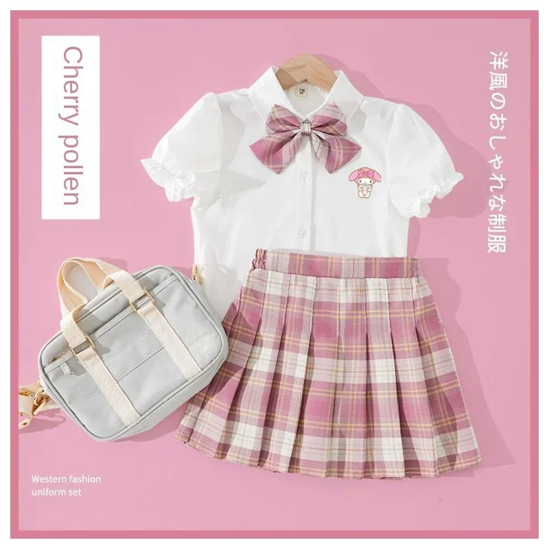 Cute Sanrios Summer Student JK Uniform Set Anime My Melody Cinnamoroll Pochacco Kawaii Girls' Short Sleeve Shirt Pleated Skirt