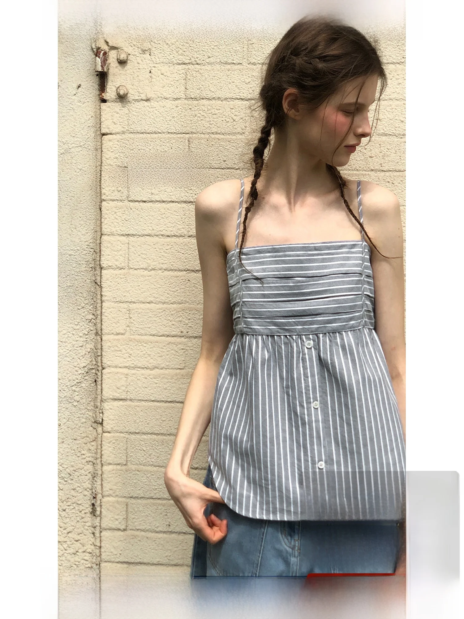 

Retro Denim Stripe A-Line Design Sense ter Top Women's Clothing Commute Sle Loose Fit Cotton Summer Season Regular Length