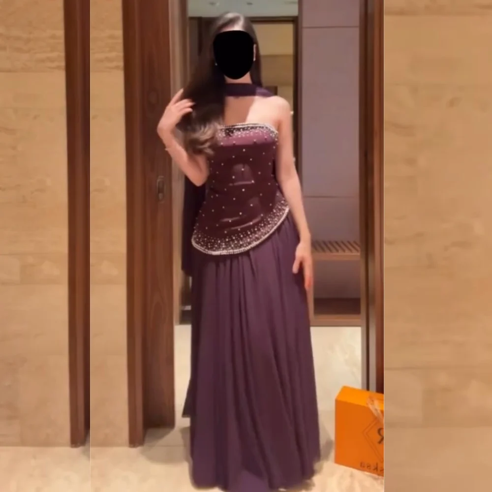 

Customized Sparkle Jersey Pleat Sequined A-line Strapless Long Dresses Bespoke Occasion Evening Simple Exquisite