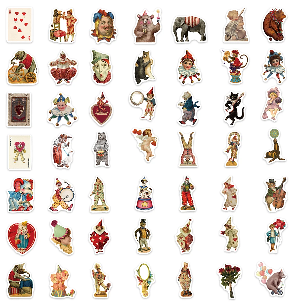 50PCS Vintage Circus Acrobatics Clown Retro Art Funny Stickers Aesthetic Graffiti Decals Scrapbook Laptop Bottle Sticker Gift