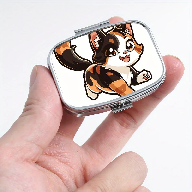 Cute Cat Pattern Metal Pill Box with 2 Compartments, Suitable for Travel, Portable Mini Pill Box for Storing Medicines, Vitamins