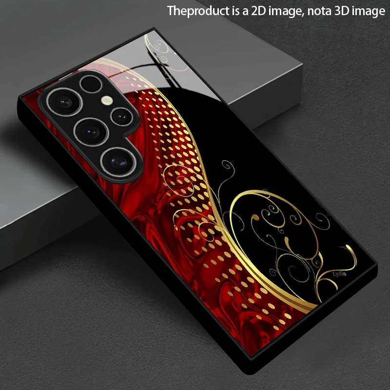 Red Gold Curly Grass Pattern 2D Phone Case for Samsung S26 S25 S24 S23 S22 S21 S20 A55 A54 A53 Tempered Glass Protective Cover