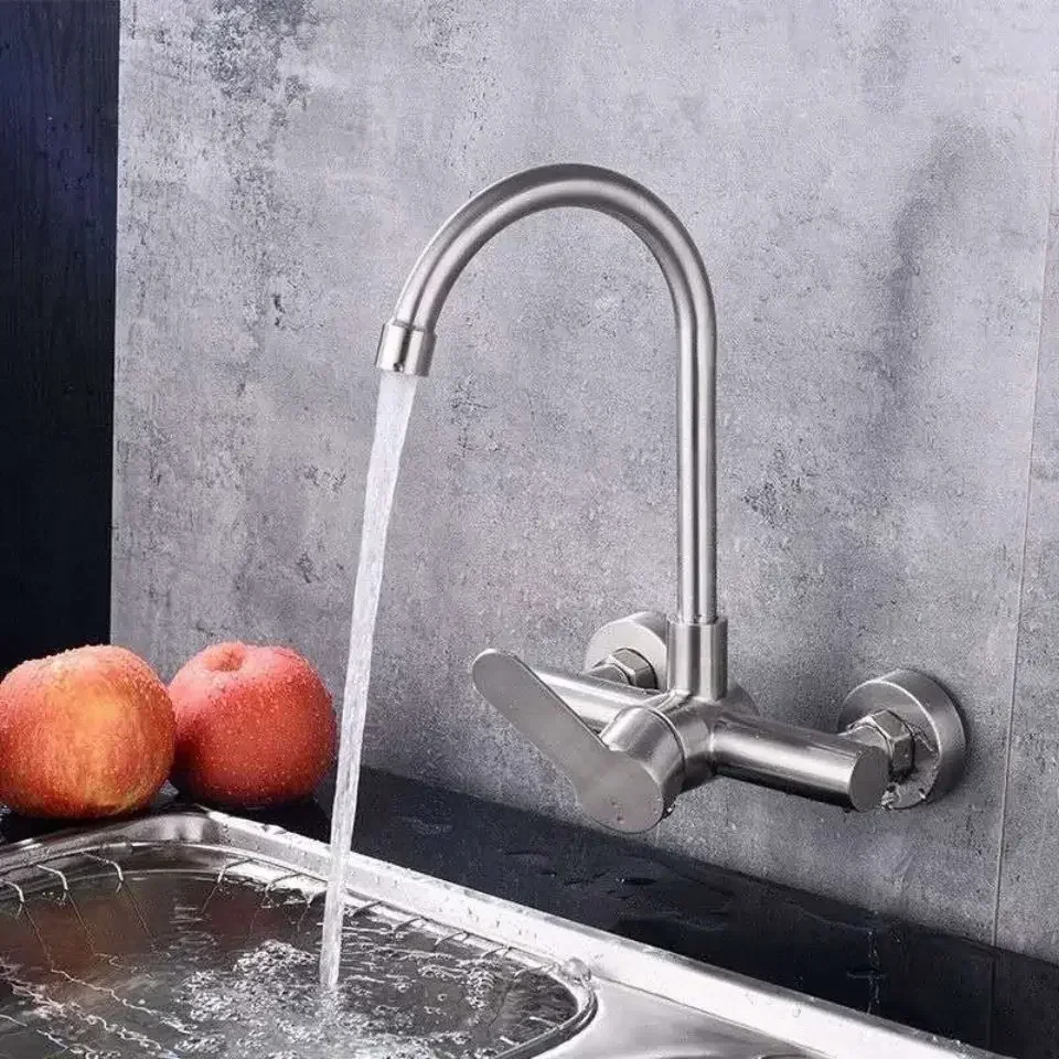 

Kitchen Mixer Faucet Wall Mounted Stainless Steel Sink Faucet Hot and Cold Water Tap Single Handle Household Bathroom Faucets